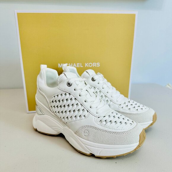 NEW IN BOX MICHAEL KORS KATRINA WEDGE TRAINER WOVEN OPTIC WHITE SNEAKERS - Picture 1 of 10